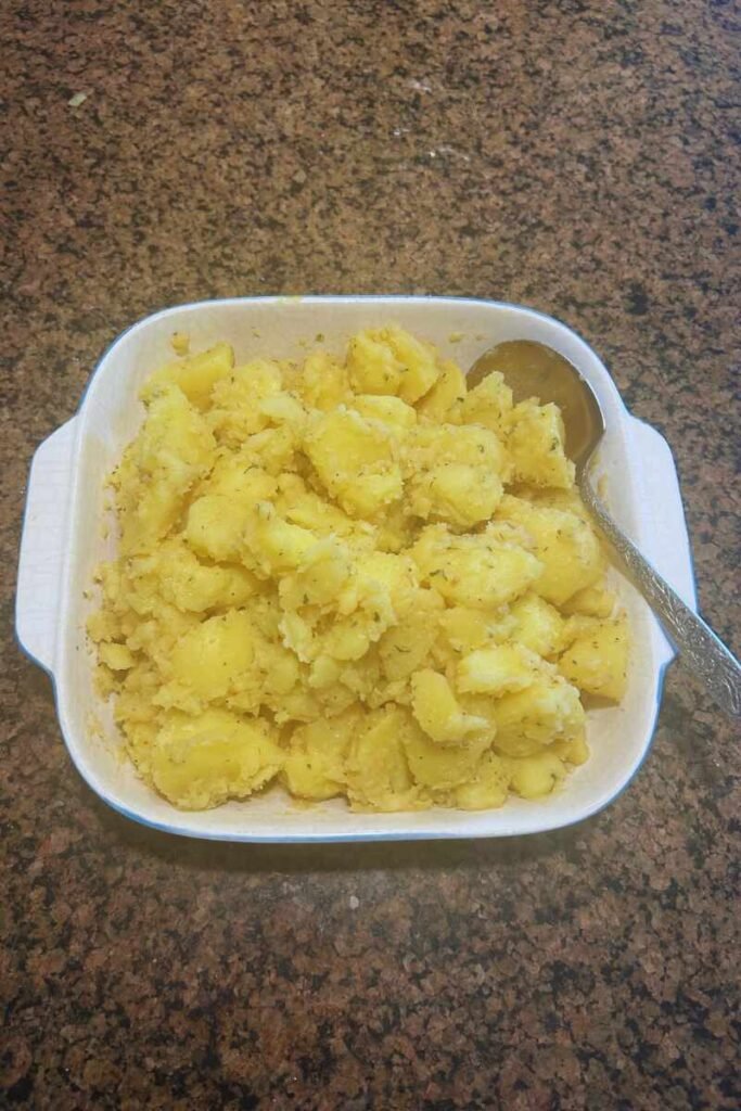 A close-up of an Italian potato salad.