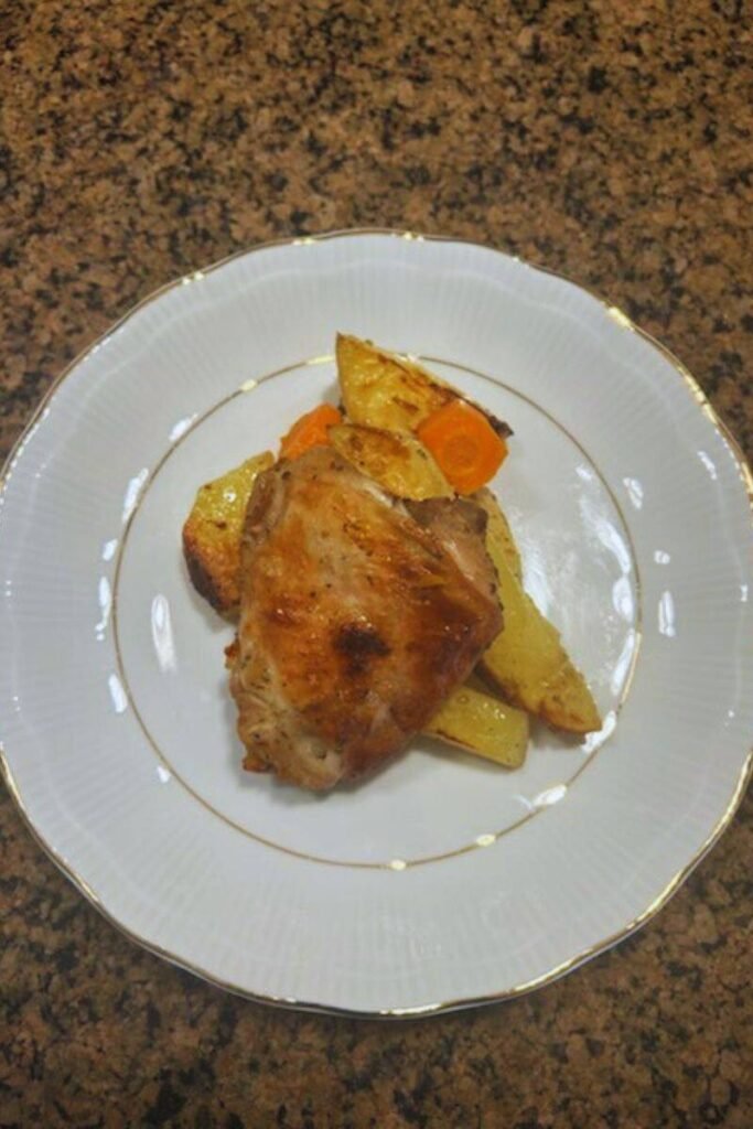 A just made plate of Lemon Herb Chicken & Roasted Potatoes