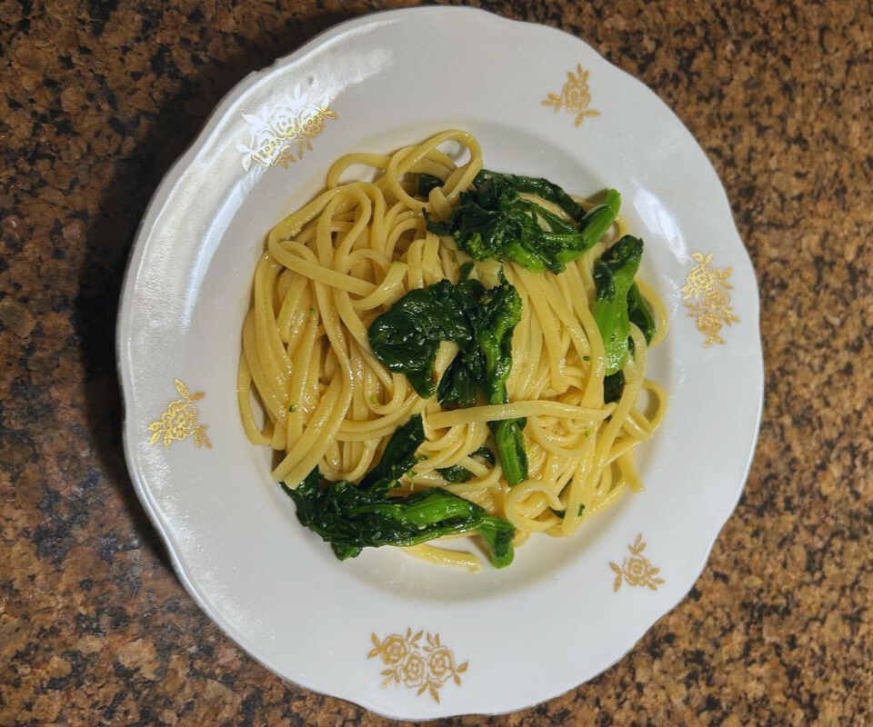 A close-up shot of a fresh plate of rapini pasta.