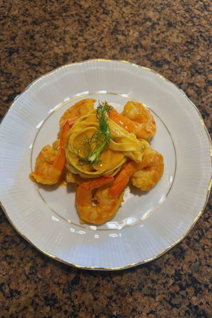 A plate of freshly made rose shrimp pasta.