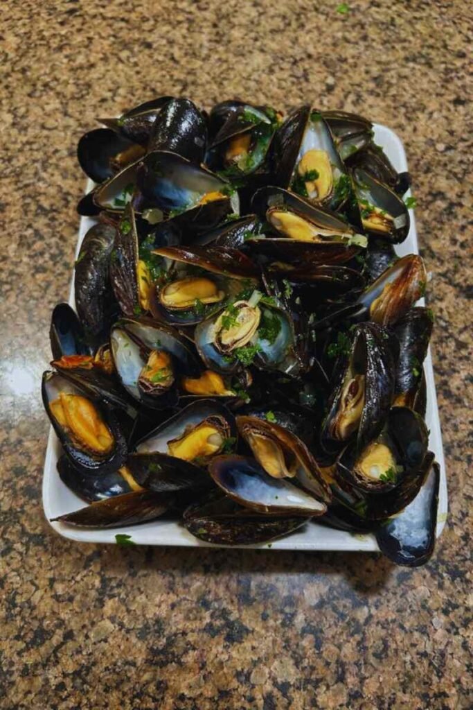A delicious platter of White Wine Mussels.