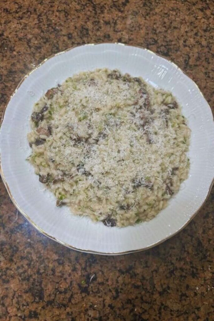 A plate of Mushroom Risotto on my kitchen countertop.
