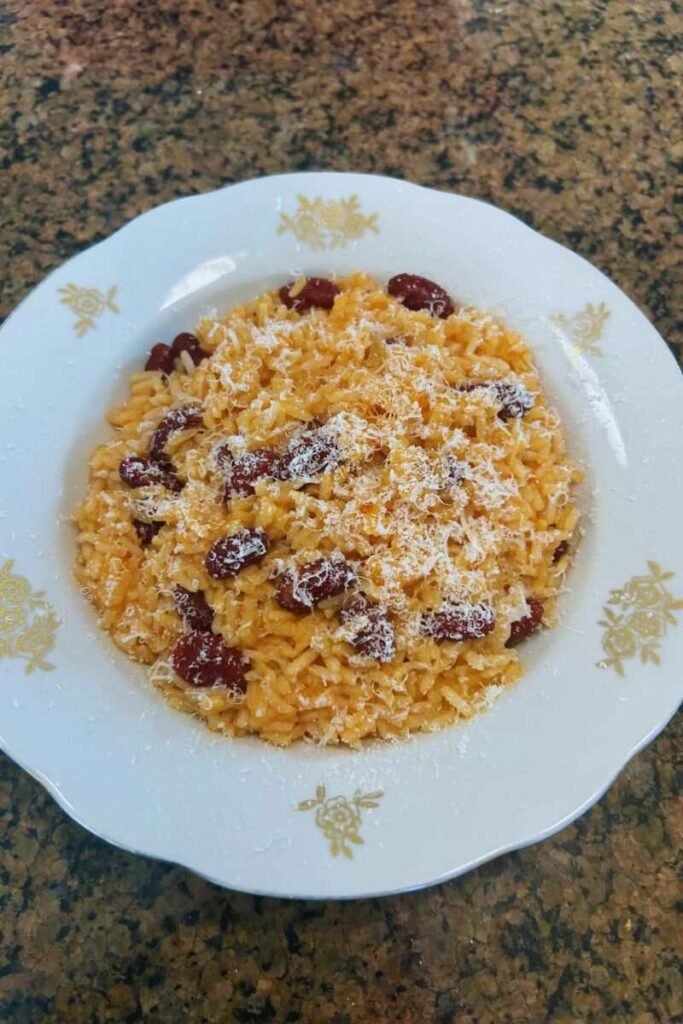 A plate of Tomato Rice with Kidney Beans.