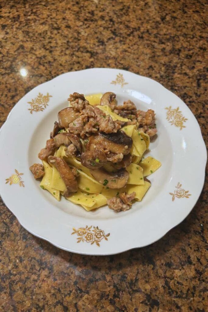 Fresh Pappardelle with Fennel Sausage, Mushrooms, Garlic & Herbs.