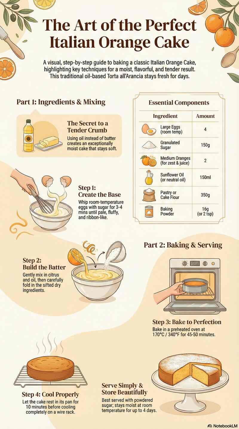 Italian Orange Cake baking infographic showing ingredients and steps