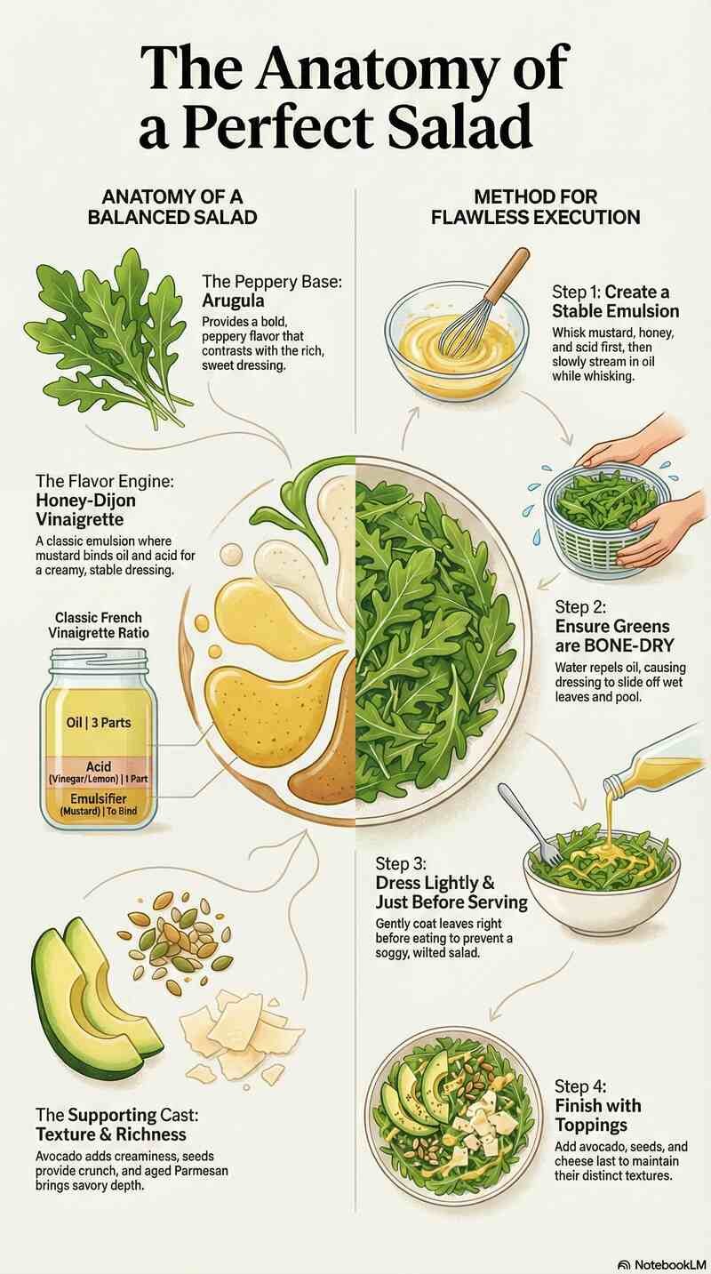 Arugula Salad with Honey-Dijon Lemon Vinaigrette ingredients and toppings infographic