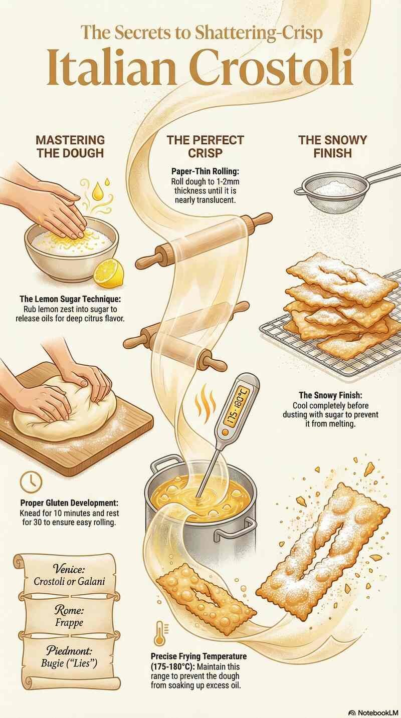 Secrets to shattering crisp Italian crostoli infographic showing key techniques for perfectly crispy fried pastries