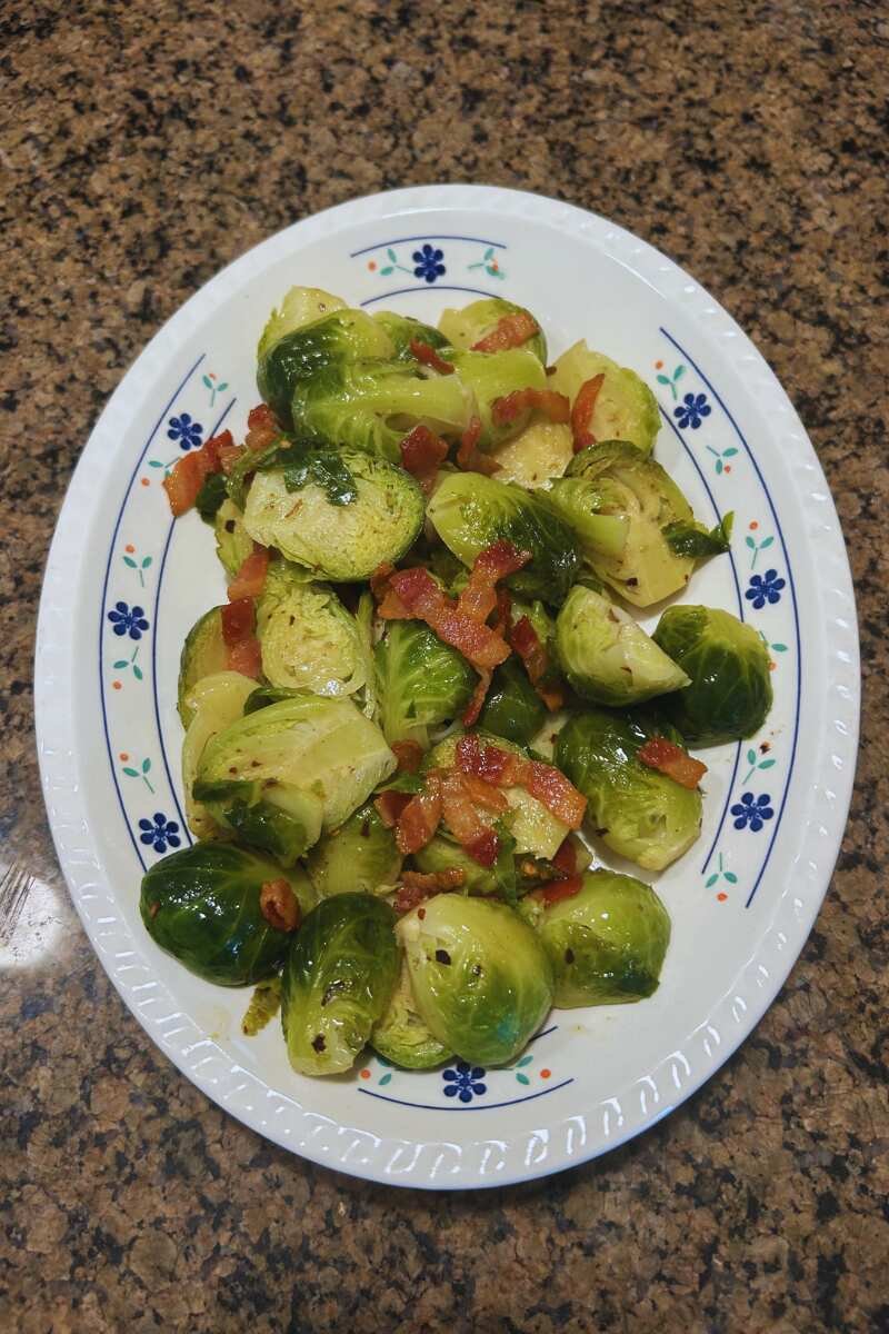 Pan-Seared Brussels Sprouts with Crispy Bacon, Garlic & Chili.