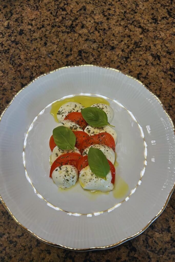 A caprese salad resting on my kitchen countertop.