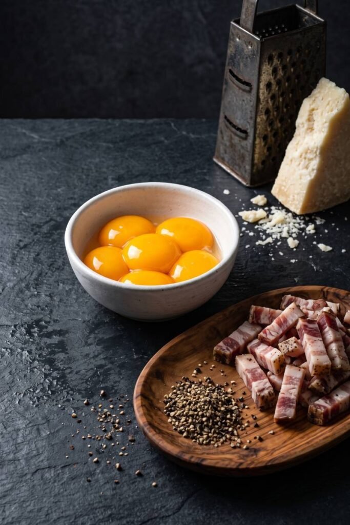 A professional dark food photography shot displaying glossy raw egg yolks in a white bowl next to diced guanciale pieces, cracked black pepper, and a wedge of Pecorino Romano cheese on a slate table.