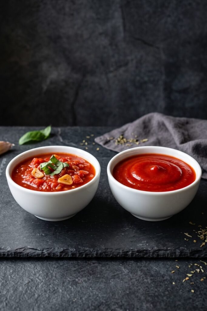 A professional dark food photography shot displaying two white ceramic bowls side-by-side filled with chunky marinara sauce and smooth pomodoro sauce on a black slate table.
