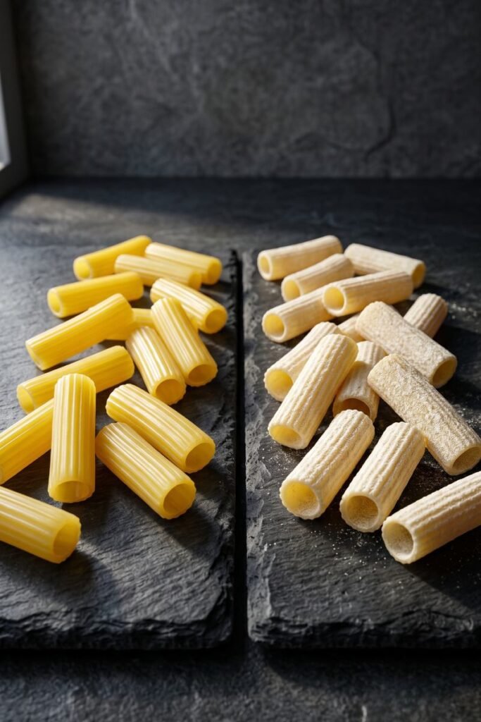 A professional dark food photography shot displaying shiny smooth yellow commercial pasta next to rough chalky matte bronze-die pasta on a black slate counter.