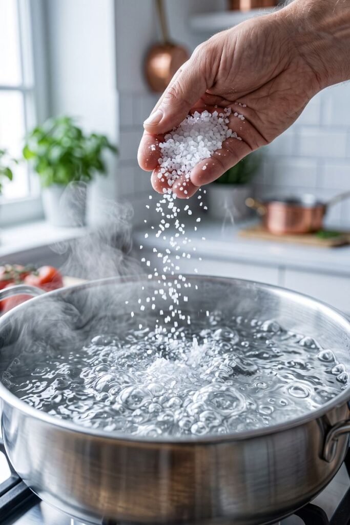 A close up professional food photography shot of coarse sea salt being poured into a large boiling pot of water on a kitchen stove next to raw spaghetti noodles.