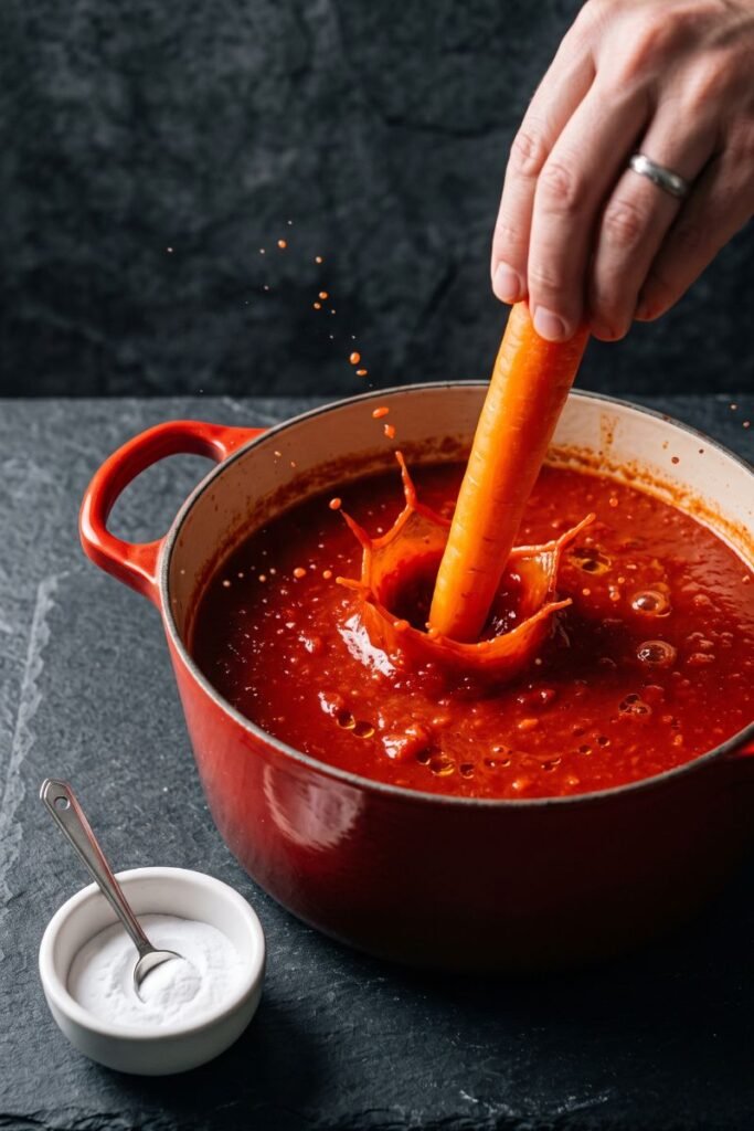 A professional dark food photography shot displaying a whole peeled carrot being dipped into a red pot of simmering tomato sauce next to a small bowl of baking soda on a black slate surface.