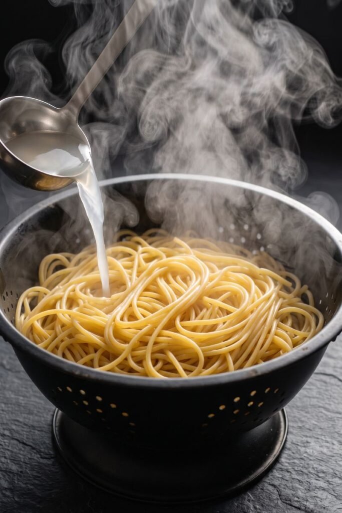 A professional dark food photography shot displaying hot steaming spaghetti strands being drained in a black colander next to a ladle of cloudy pasta water on a black slate counter.