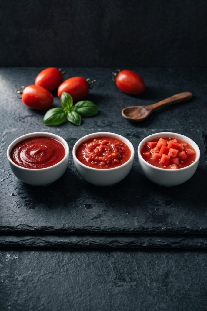 A professional dark food photography shot displaying three white ceramic bowls side-by-side filled with smooth tomato passata, chunky crushed tomatoes, and watery diced tomatoes on a slate table.