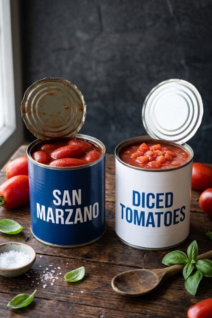A professional dark food photography shot displaying an open can labeled San Marzano next to an open can labeled Diced Tomatoes on a rustic wood counter.