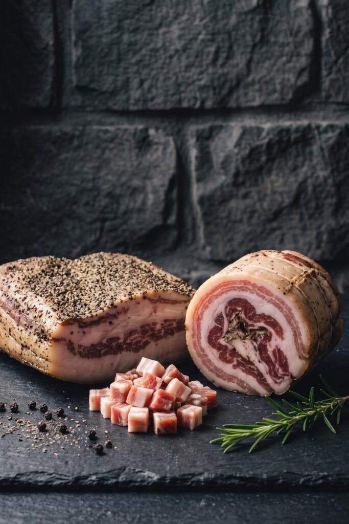 A close up professional food photography shot comparing a whole block of pepper-crusted guanciale next to a thick slab of diced pancetta on a slate board.