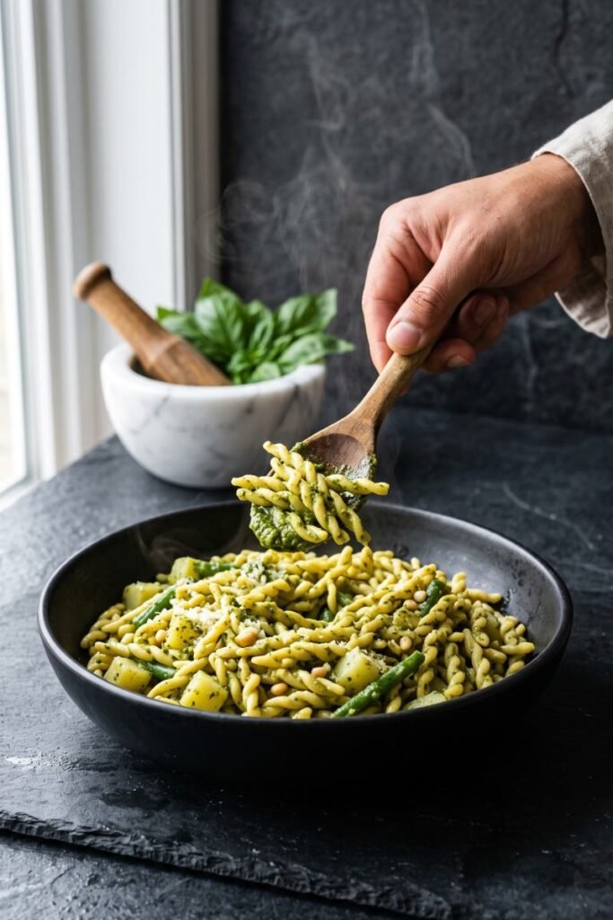 A professional dark food photography shot displaying twisted trofie pasta tossed in green basil pesto with potatoes and green beans in a black bowl on a slate counter.