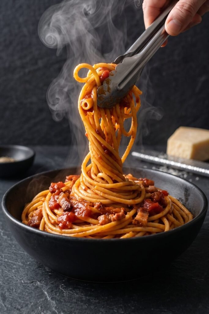 A professional dark food photography shot displaying a nest of thick hollow bucatini pasta being lifted with tongs from a ceramic bowl of red sauce on a black slate counter.