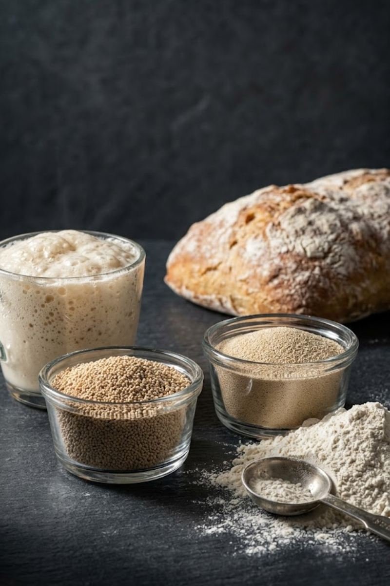 A professional dark food photography shot displaying coarse active dry yeast granules and fine instant yeast powder inside glass ramekins on a black slate counter.