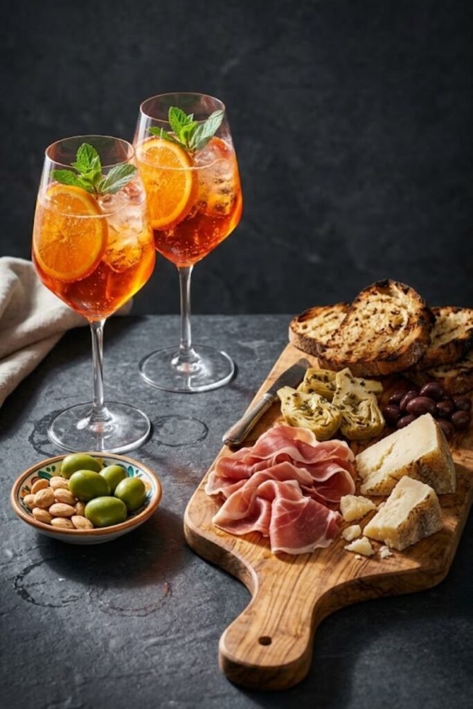 A professional dark food photography shot displaying orange spritz cocktails and olives next to a prosciutto and cheese charcuterie board on a black slate counter.
