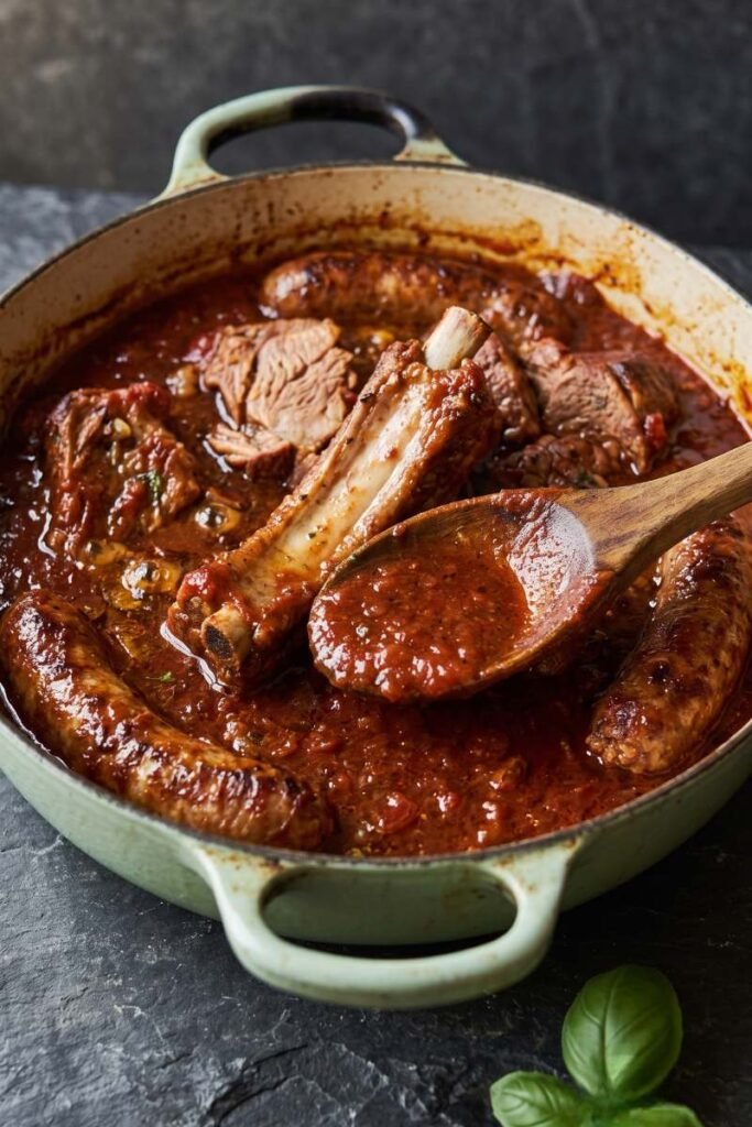 A professional dark food photography shot displaying bone-in pork shoulder, ribs, and sausages simmering in a thick red tomato sauce inside a Dutch oven on a black slate counter.