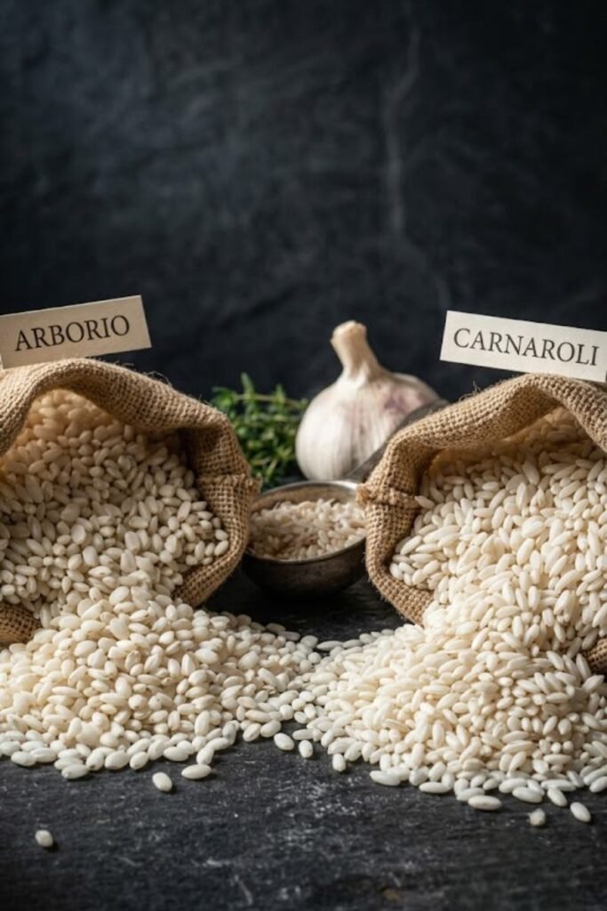 A professional dark food photography shot displaying raw Arborio and Carnaroli rice grains overflowing from small burlap sacks on a black slate counter.
