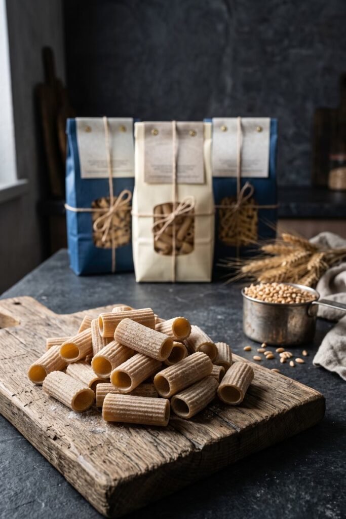 A professional dark food photography shot displaying raw bronze-cut rigatoni with a chalky texture next to artisan pasta packages on a black slate counter.