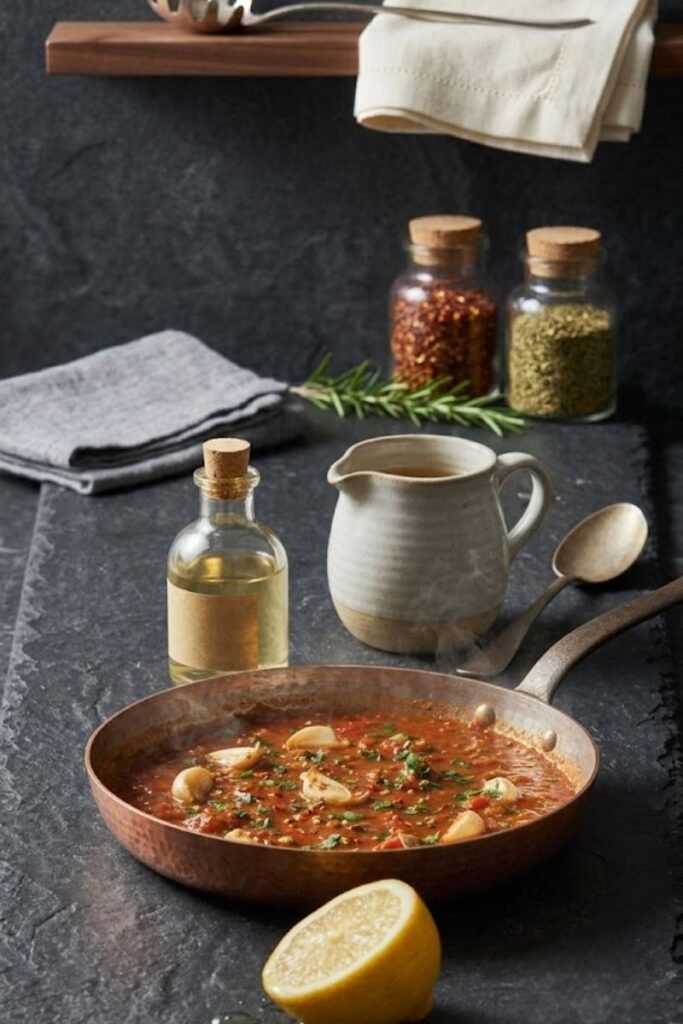 A professional dark food photography shot displaying white wine vinegar, chicken broth, and a fresh lemon next to a simmering skillet on a black slate counter.