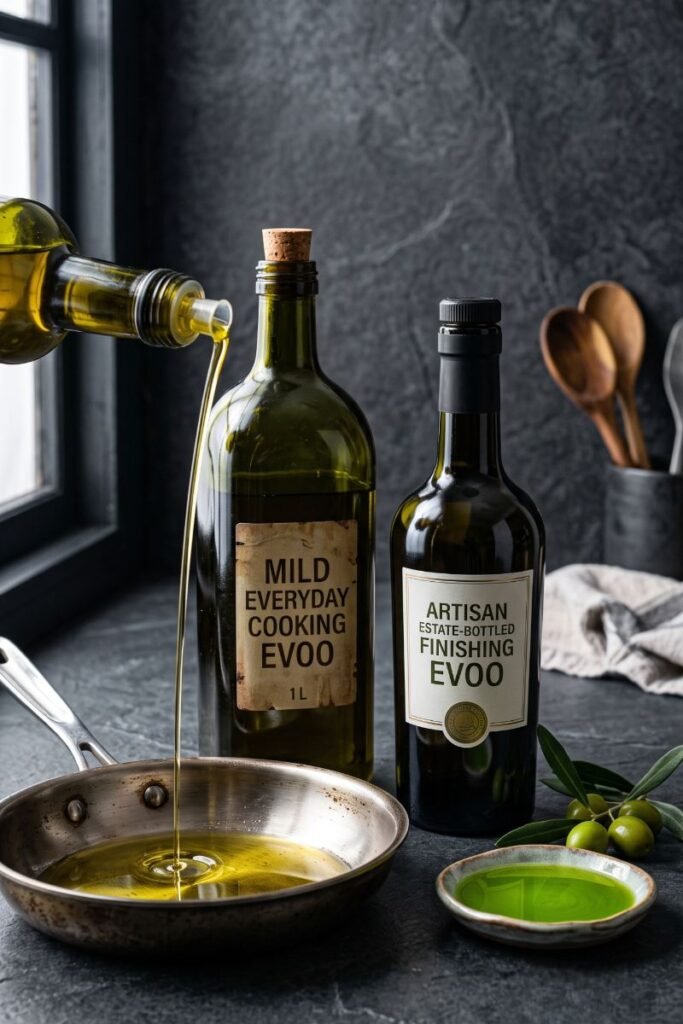 A professional dark food photography shot displaying a large everyday cooking olive oil bottle pouring into a pan next to a boutique artisan finishing oil on a black slate counter.