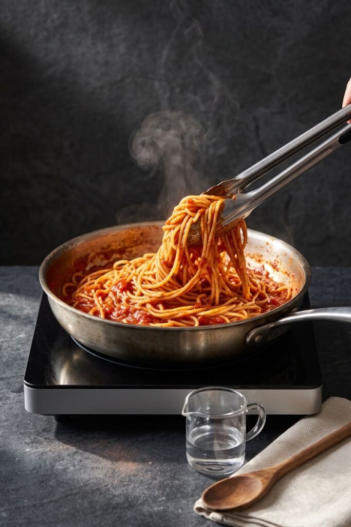 A professional dark food photography shot displaying a pair of tongs lifting spaghetti in a skillet with a light puff of steam on a black slate counter.