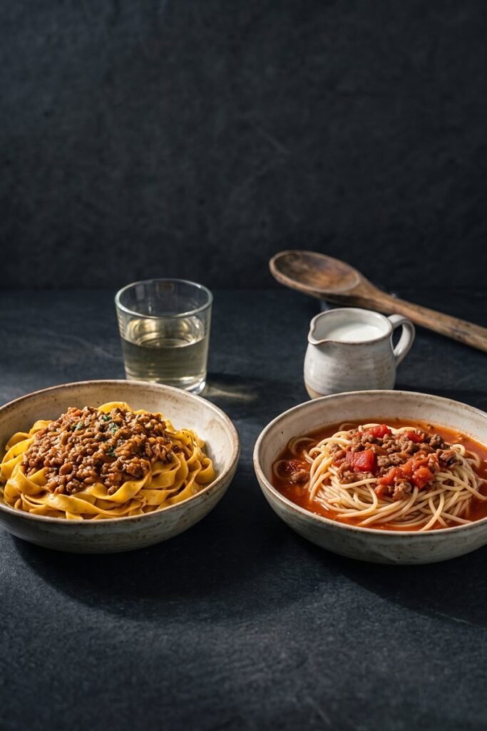 A professional dark food photography shot displaying a bowl of authentic thick Bolognese ragu on wide tagliatelle next to a bowl of loose standard meat sauce on thin spaghetti over a black slate counter.