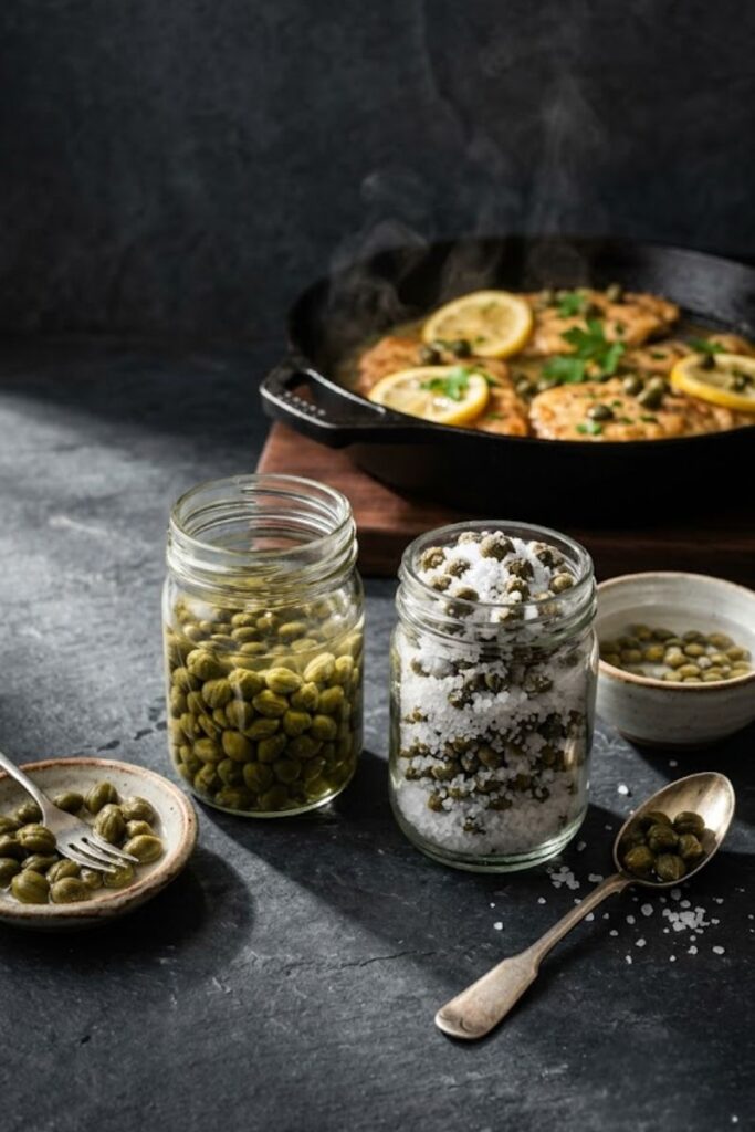 A professional dark food photography shot displaying green brined capers in liquid next to dry salt-packed capers inside glass jars on a black slate counter.