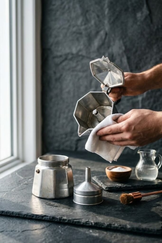 A professional dark food photography shot displaying a disassembled silver Italian Moka pot being dried with a white cloth next to a jar of vinegar on a black slate counter.