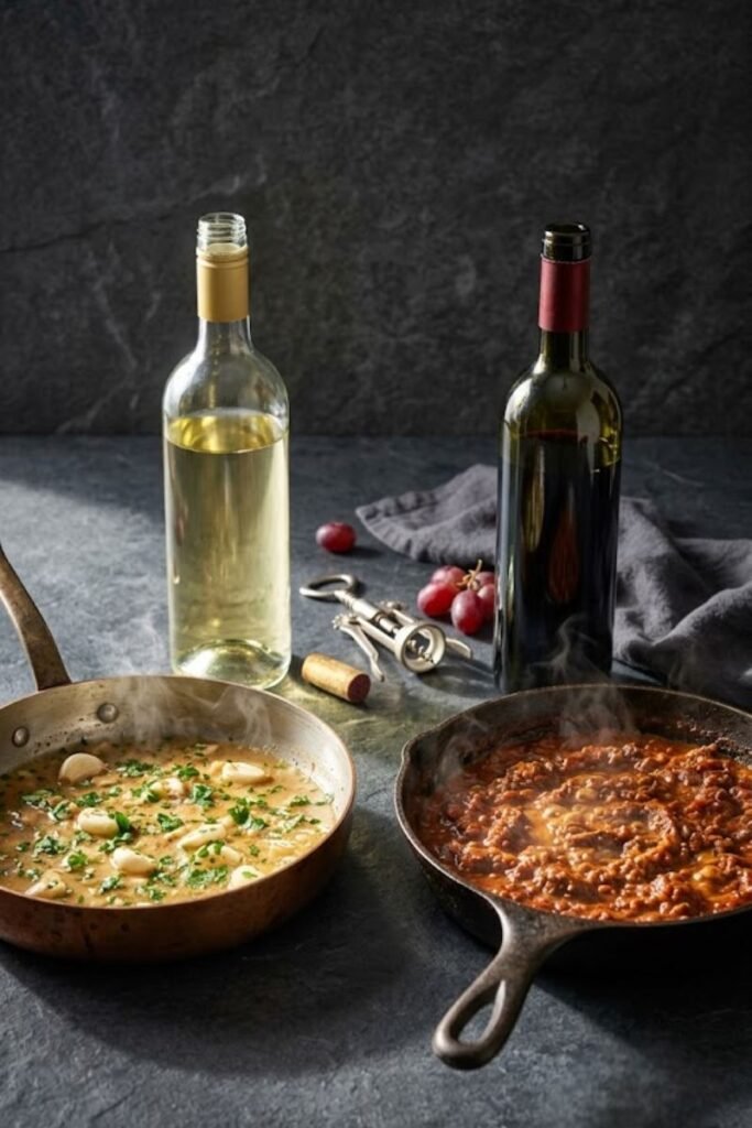 A professional dark food photography shot displaying a bottle of white wine next to a simmering seafood pan and a bottle of red wine next to a beef ragù on a black slate counter.