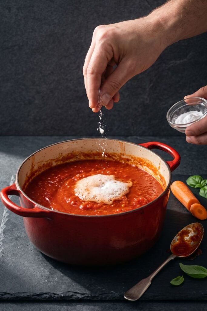 A professional dark food photography shot displaying a pinch of baking soda being dropped into a simmering pot of red tomato sauce next to a sliced carrot on a black slate counter.