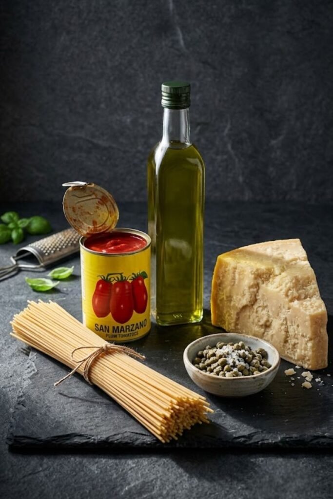 A professional dark food photography shot displaying olive oil, canned tomatoes, bronze-cut spaghetti, capers, and a wedge of parmesan cheese on a black slate counter.