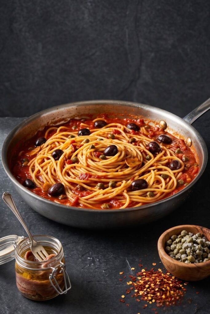 A professional dark food photography shot displaying a skillet of spaghetti alla puttanesca next to jars of anchovies, capers, and black olives on a black slate counter.