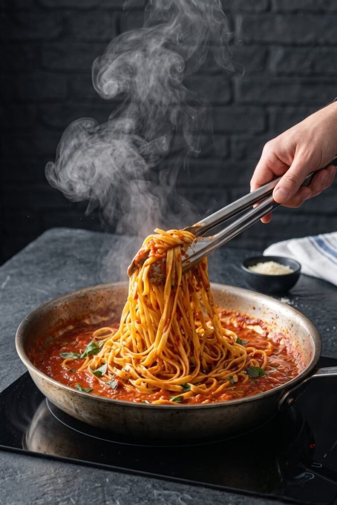 A professional dark food photography shot displaying a pair of tongs tossing golden fettuccine noodles directly inside a simmering red sauce pot on a black slate counter.