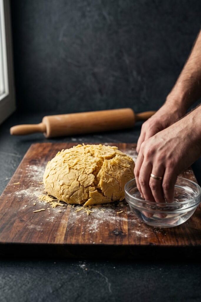 A professional dark food photography shot displaying a cracked, dry ball of fresh egg pasta dough crumbling on a wooden board next to a small bowl of water on a black slate counter.