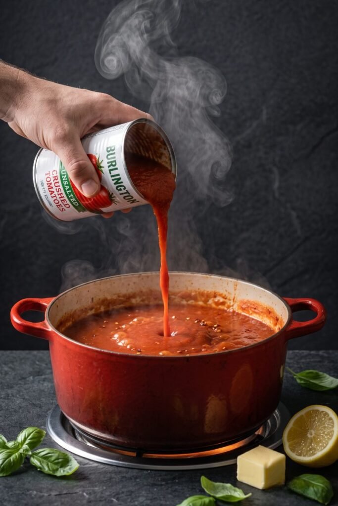 A professional dark food photography shot displaying fresh unsalted tomatoes being poured into a pot of over-salted red pasta sauce on a black slate counter next to butter and lemon.