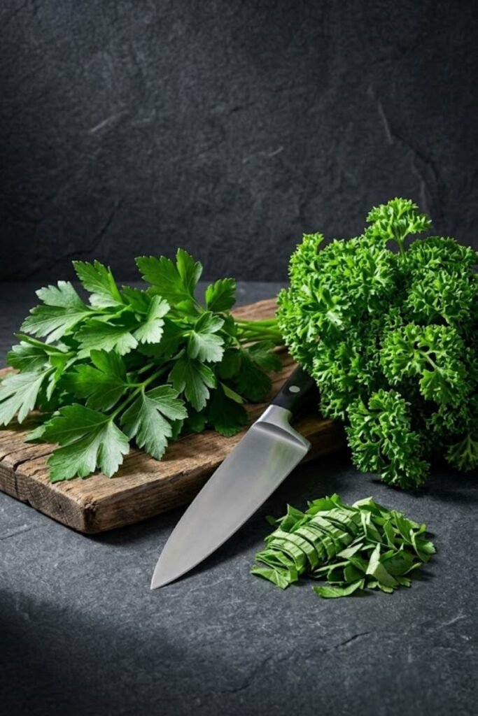 A professional dark food photography shot displaying a bundle of smooth flat-leaf parsley next to a ruffled bunch of curly parsley on a black slate counter.