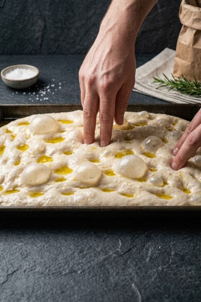 A professional dark food photography shot displaying a baker's fingers dimpling raw focaccia dough to create big air bubbles in a steel pan on a black slate counter.