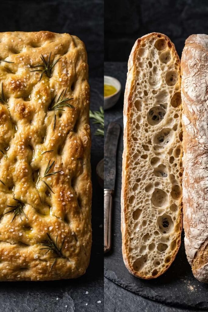 A professional dark food photography shot displaying a dimpled sheet of rosemary focaccia next to a sliced loaf of airy ciabatta bread on a black slate counter.