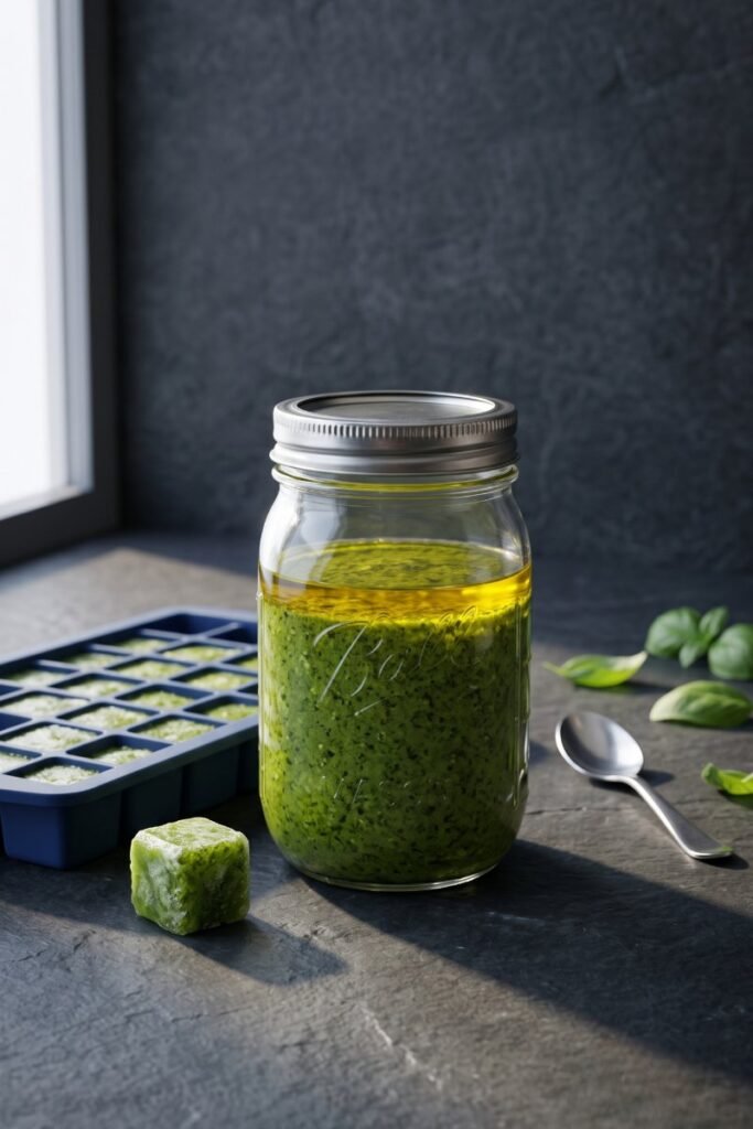 A professional dark food photography shot displaying a jar of green basil pesto with a golden olive oil shield layer next to frozen pesto cubes on a black slate counter.