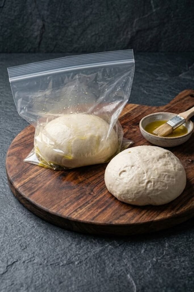 A professional dark food photography shot displaying a smooth, oiled pizza dough ball sealed inside a clear plastic freezer bag on a black slate counter.