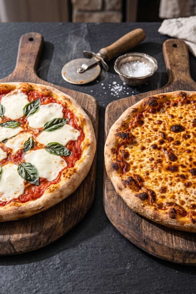 A professional dark food photography shot displaying a Neapolitan pizza with melted fresh mozzarella islands next to a New York pizza with a golden-brown shredded cheese blanket on a black slate counter.