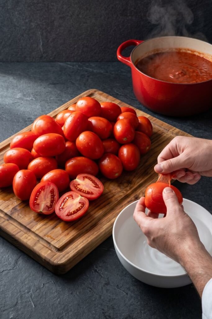 A professional dark food photography shot displaying fresh plum tomatoes being peeled on a wooden board next to a simmering pot of red sauce on a black slate counter.