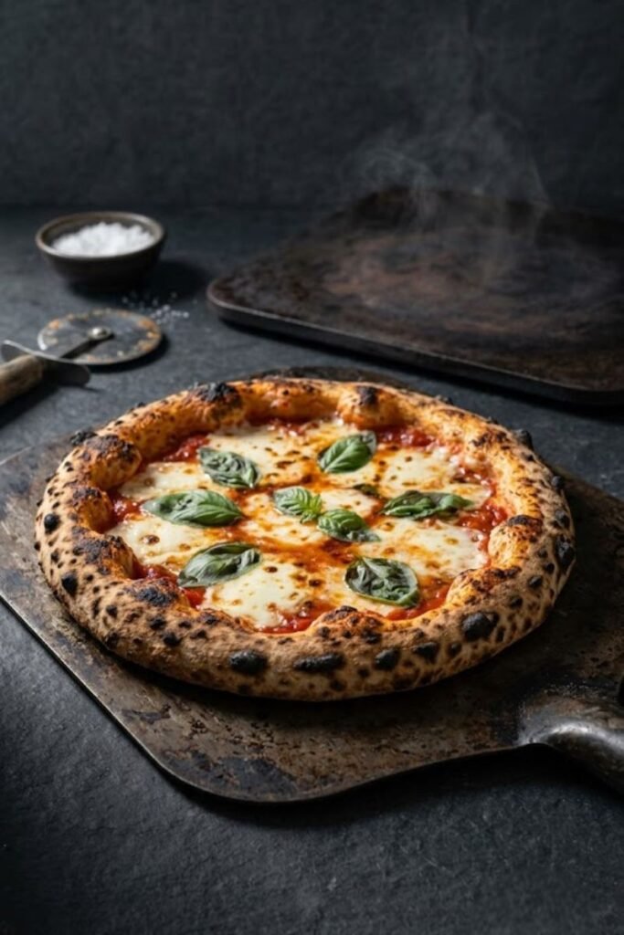 A professional dark food photography shot displaying a crispy artisan pizza with leopard-spotted crust edges on a wooden peel next to a baking steel on a black slate counter.